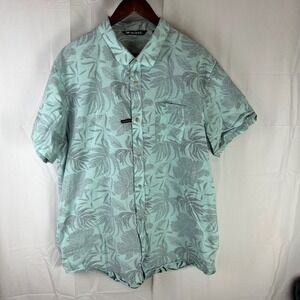 Travis Mathew Button Up Shirt Mens XXL Turquoise Tropical Leaf Short Sleeve